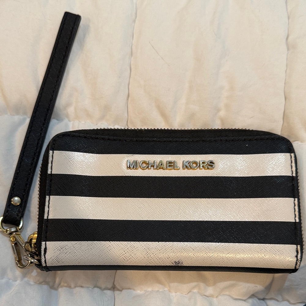 Michael Kors Black & White Striped Wristlet